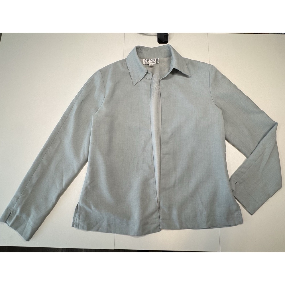 Vintage 80s Kasper ASL Petite Lightweight Shirt Jacket Womens Ice Blue Sage Top
